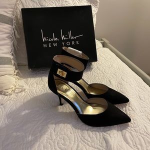 NWT!  Nicole Miller suede black ankle strap heels, size 8